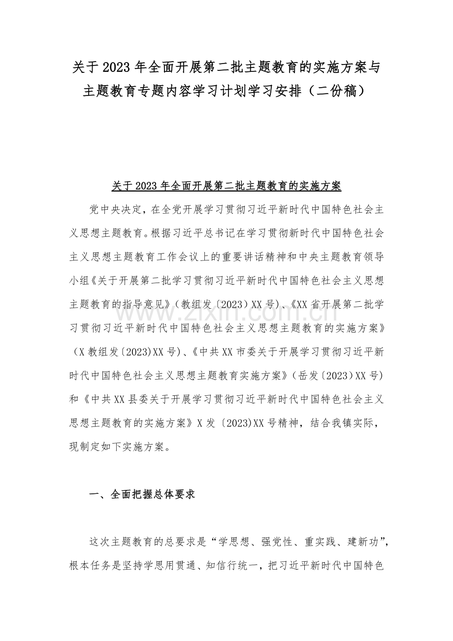 关于2023年全面开展第二批主题教育的实施方案与主题教育专题内容学习计划学习安排（二份稿）.docx_第1页