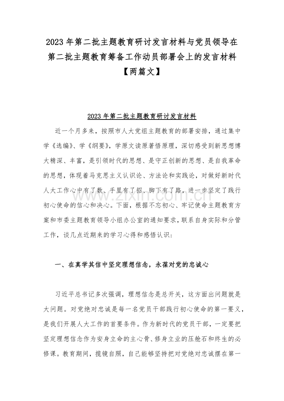 2023年第二批主题教育研讨发言材料与党员领导在第二批主题教育筹备工作动员部署会上的发言材料【两篇文】.docx_第1页