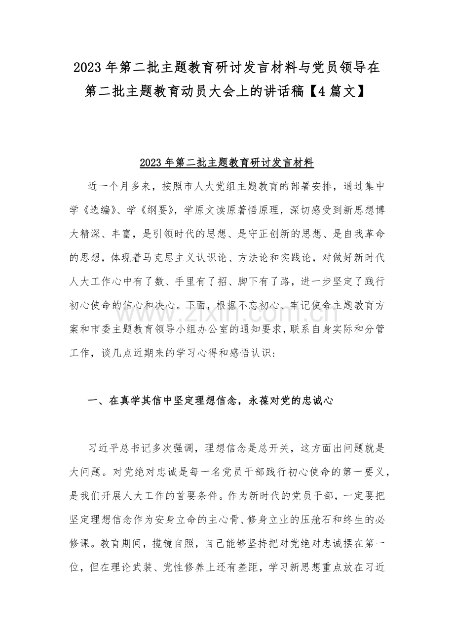 2023年第二批主题教育研讨发言材料与党员领导在第二批主题教育动员大会上的讲话稿【4篇文】.docx_第1页