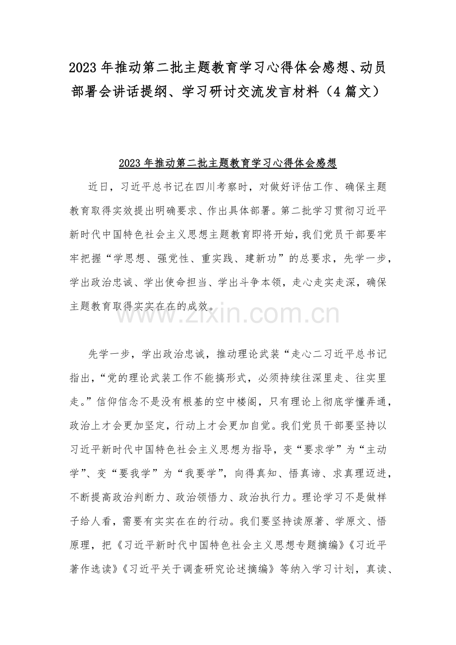 2023年推动第二批主题教育学习心得体会感想、动员部署会讲话提纲、学习研讨交流发言材料（4篇文）.docx_第1页