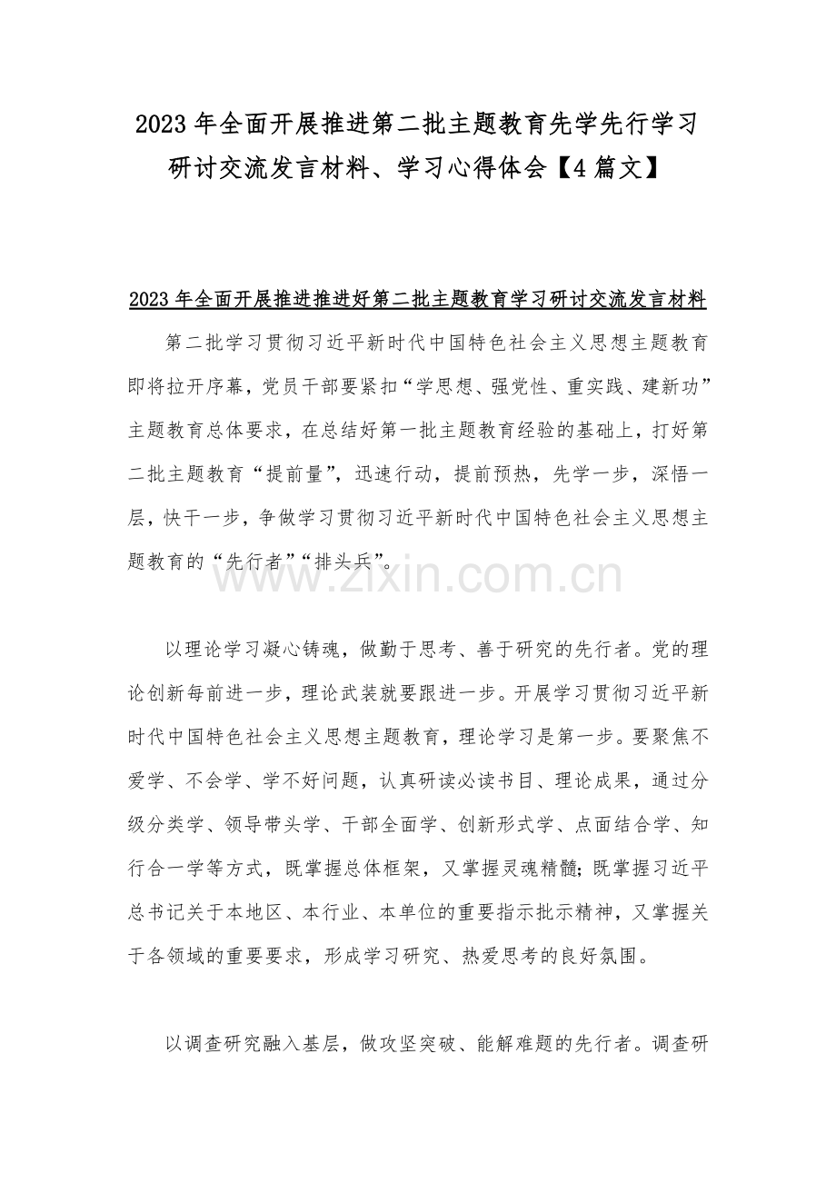 2023年全面开展推进第二批主题教育先学先行学习研讨交流发言材料、学习心得体会【4篇文】.docx_第1页