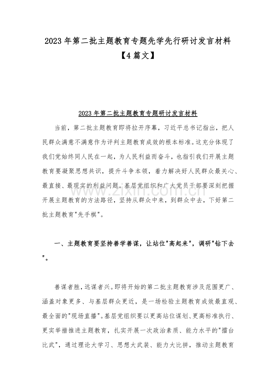 2023年第二批主题教育专题先学先行研讨发言材料【4篇文】.docx_第1页