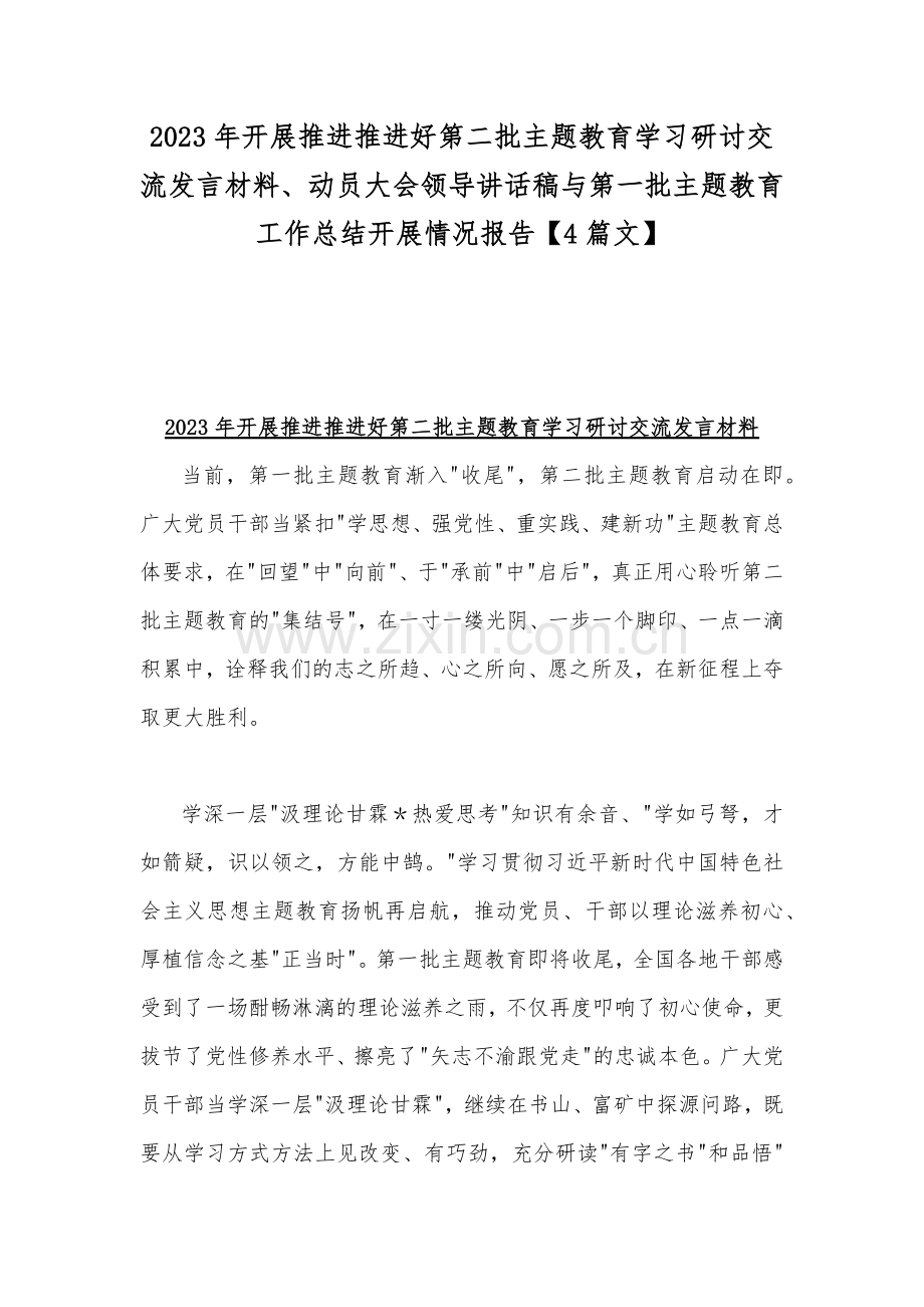 2023年开展推进推进好第二批主题教育学习研讨交流发言材料、动员大会领导讲话稿与第一批主题教育工作总结开展情况报告【4篇文】.docx_第1页