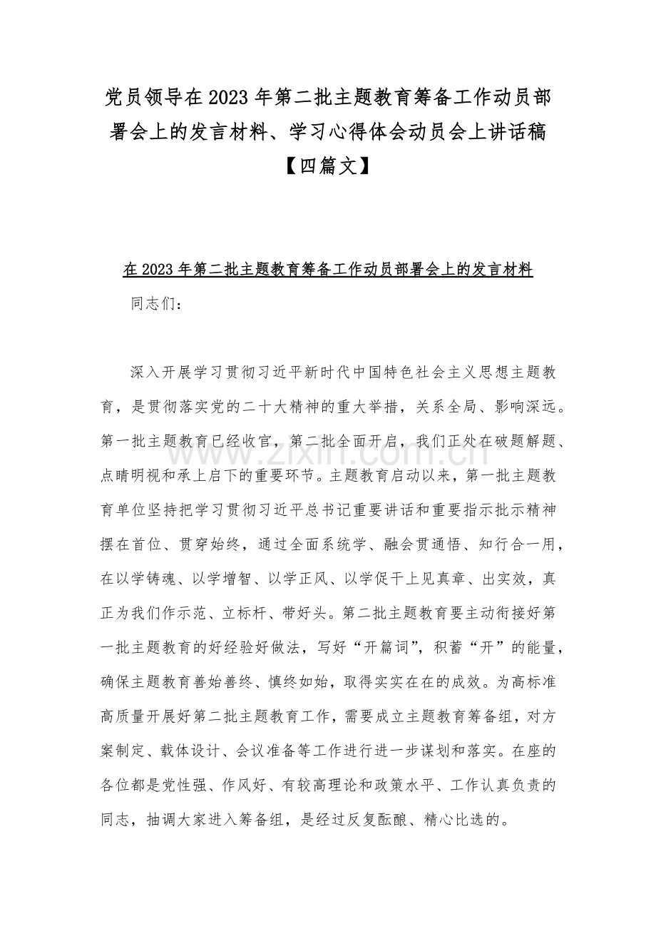 党员领导在2023年第二批主题教育筹备工作动员部署会上的发言材料、学习心得体会动员会上讲话稿【四篇文】.docx_第1页