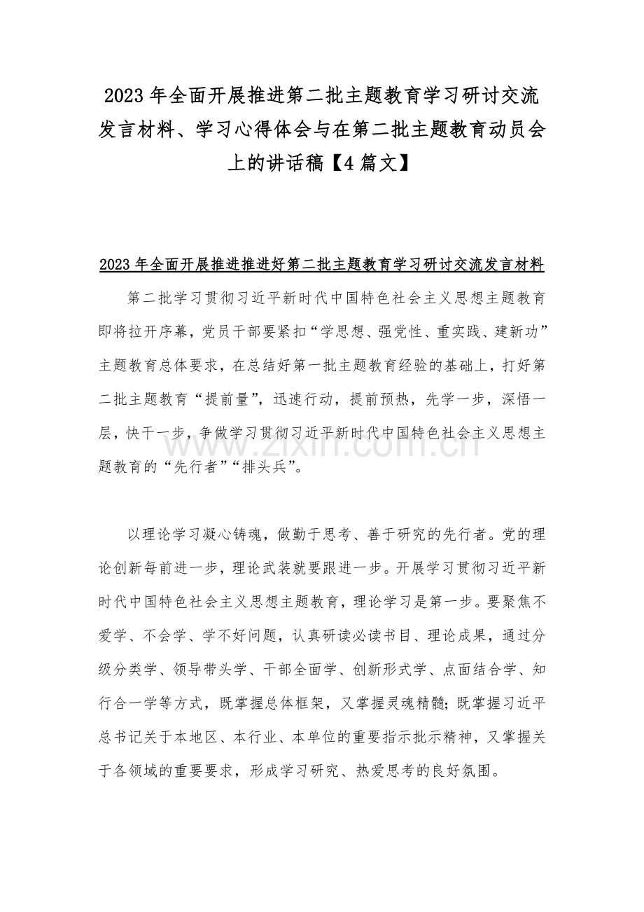 2023年全面开展推进第二批主题教育学习研讨交流发言材料、学习心得体会与在第二批主题教育动员会上的讲话稿【4篇文】.docx_第1页