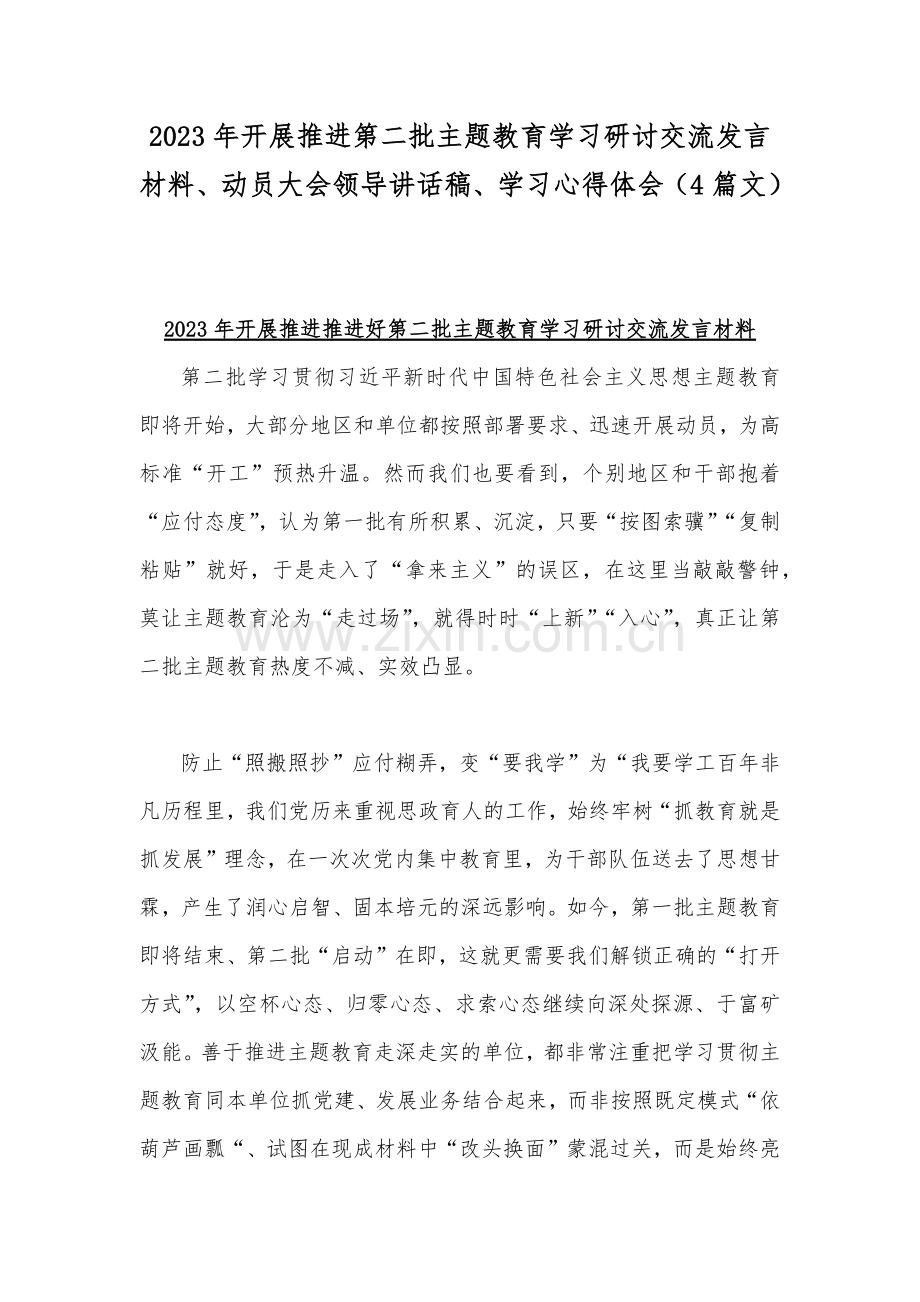 2023年开展推进第二批主题教育学习研讨交流发言材料、动员大会领导讲话稿、学习心得体会（4篇文）.docx_第1页