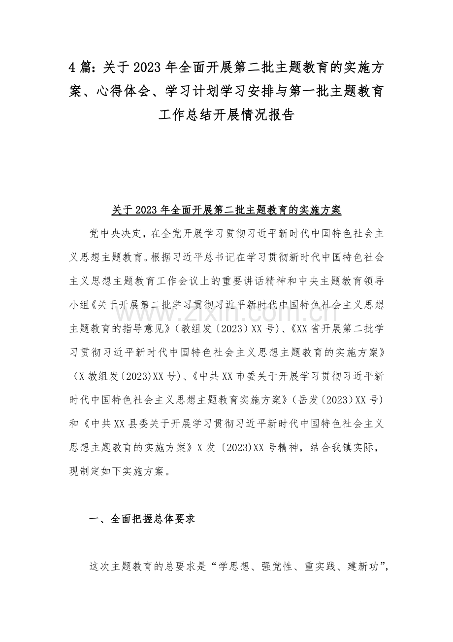 4篇：关于2023年全面开展第二批主题教育的实施方案、心得体会、学习计划学习安排与第一批主题教育工作总结开展情况报告.docx_第1页