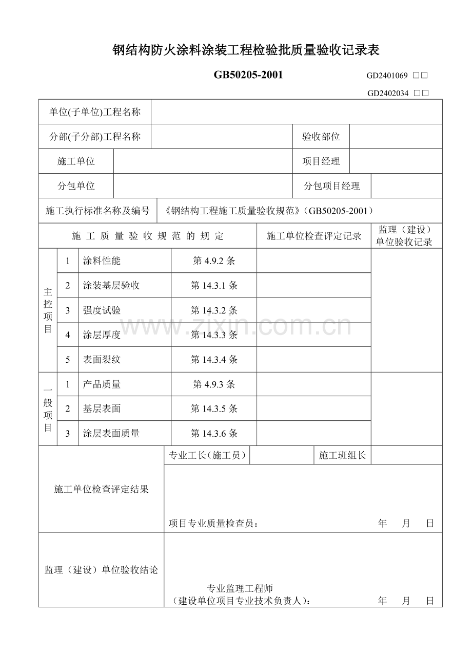 钢结构防火涂料涂装工程检验批质量验收记录表.doc_第1页