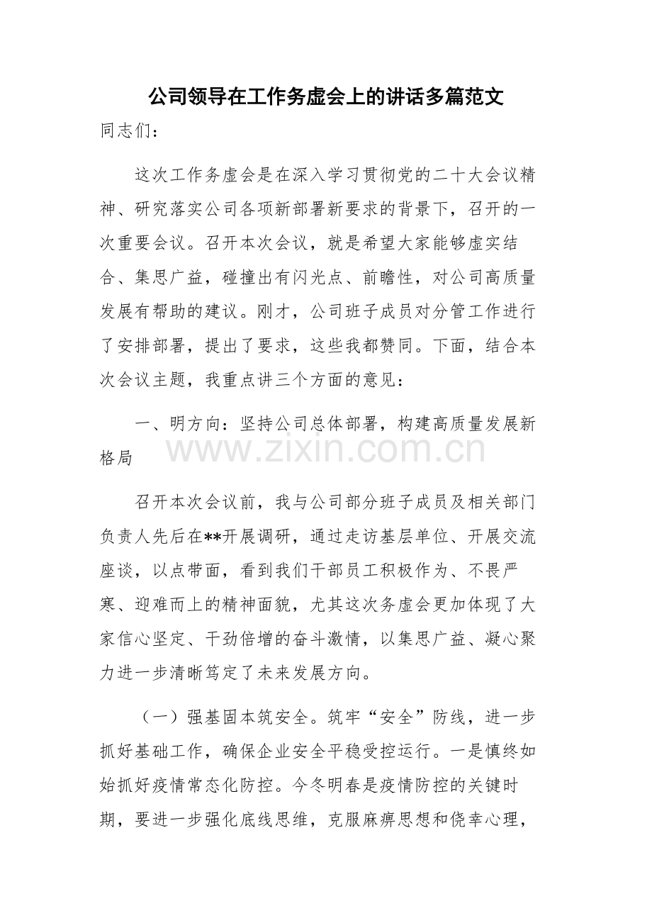 公司领导在工作务虚会上的讲话多篇范文.docx_第1页