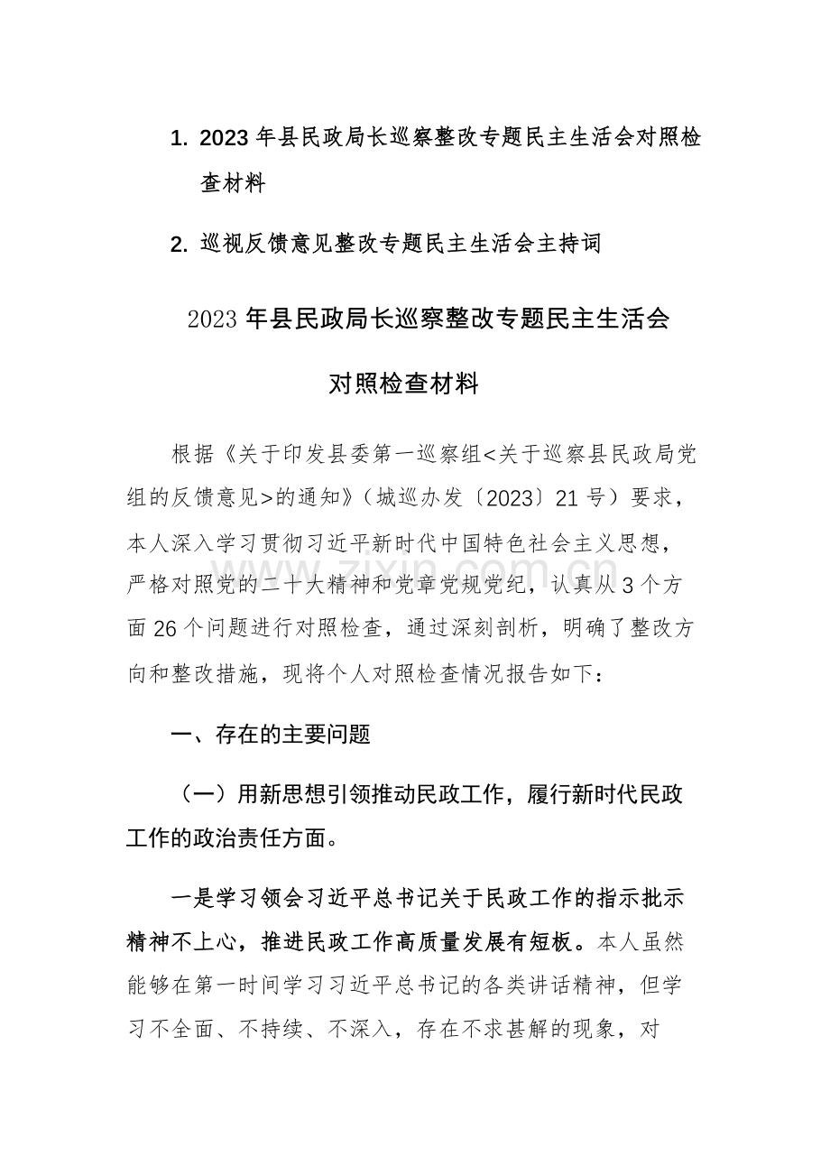 2023年局长巡察整改专题民主生活会对照检查材料参考范文.docx_第1页