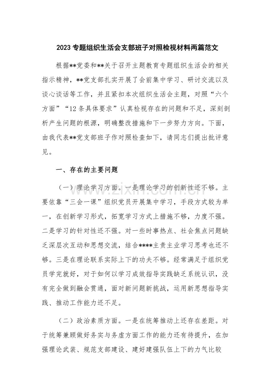 2023专题组织生活会支部班子对照检视材料两篇范文.docx_第1页