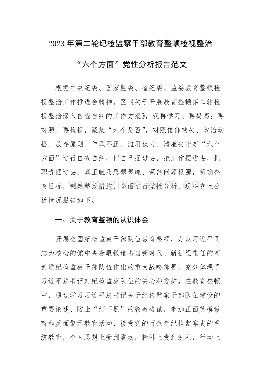 2023年第二轮纪检监察干部教育整顿检视整治“六个方面”党性分析报告范文.docx_第1页