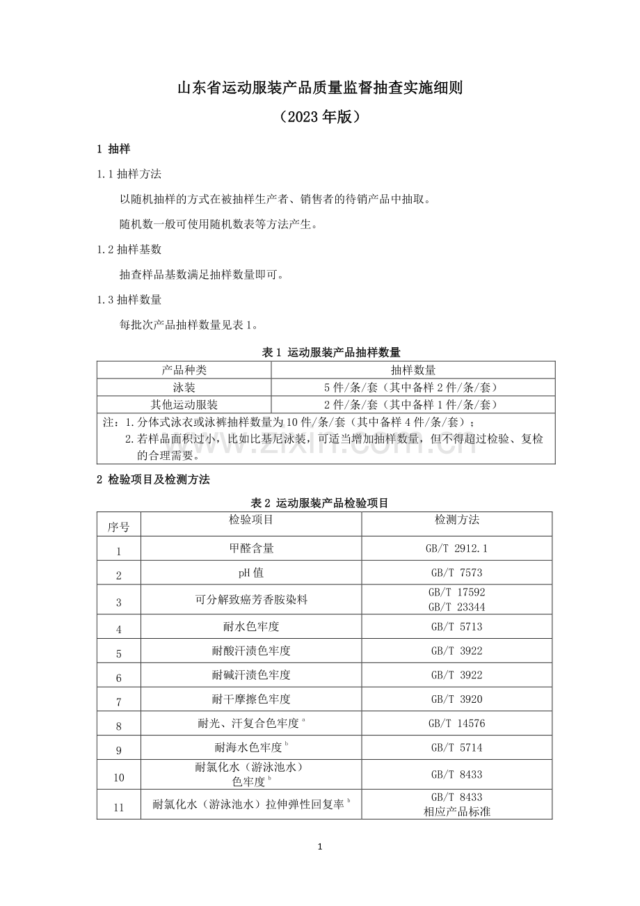 山东省运动服装产品质量监督抽查实施细则（2023年版）.pdf_第1页