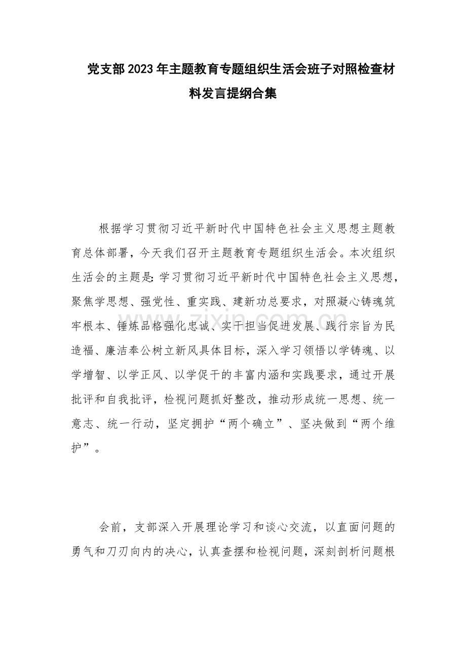 党支部2023年主题教育专题组织生活会班子对照检查材料发言提纲合集.docx_第1页