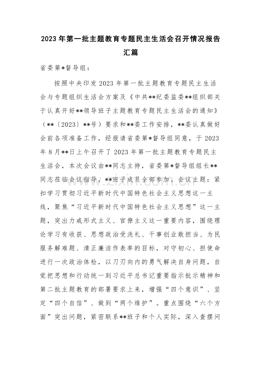 2023年第一批主题教育专题民主生活会召开情况报告汇篇.docx_第1页