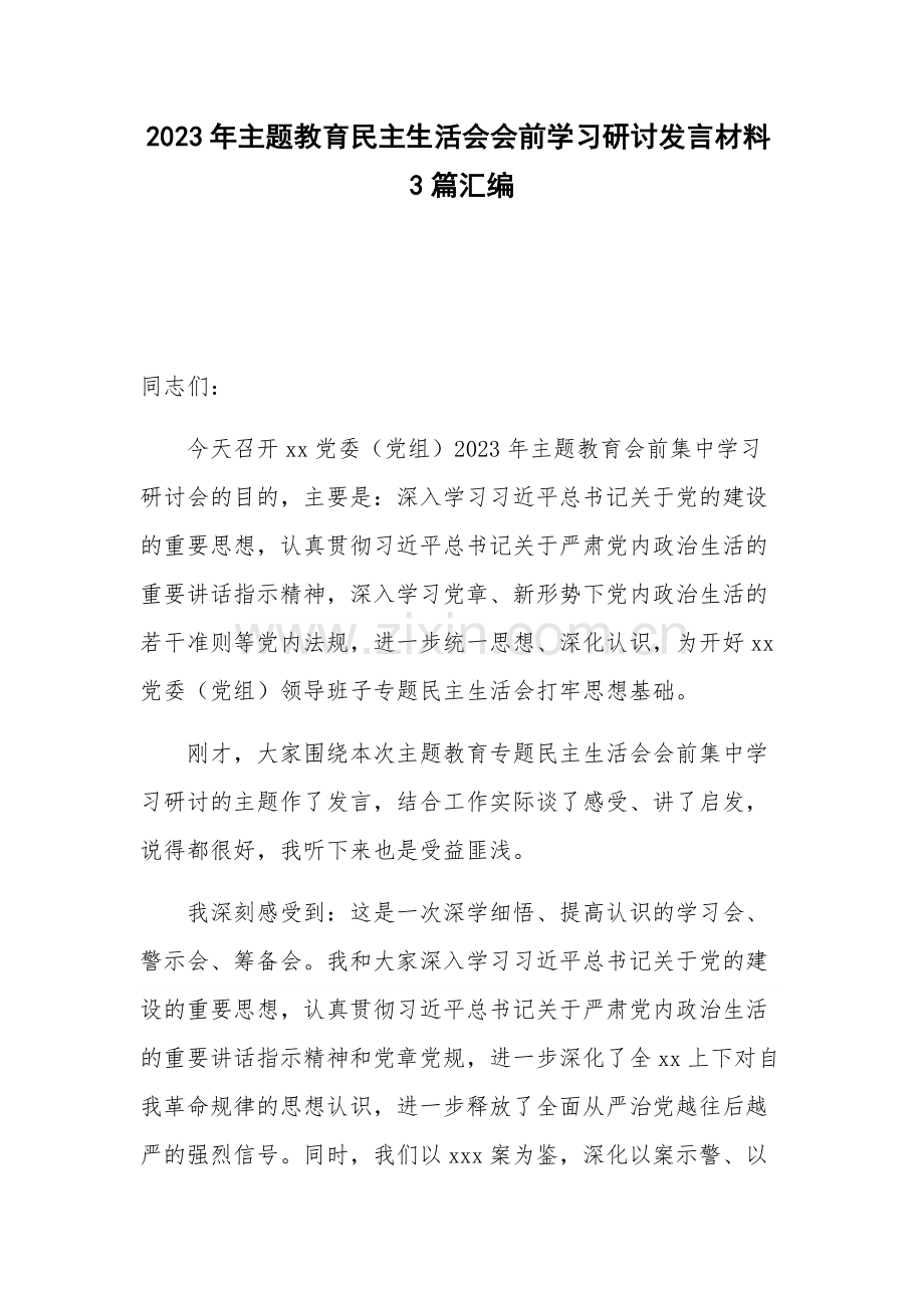 2023年主题教育民主生活会会前学习研讨发言材料3篇汇编.docx_第1页