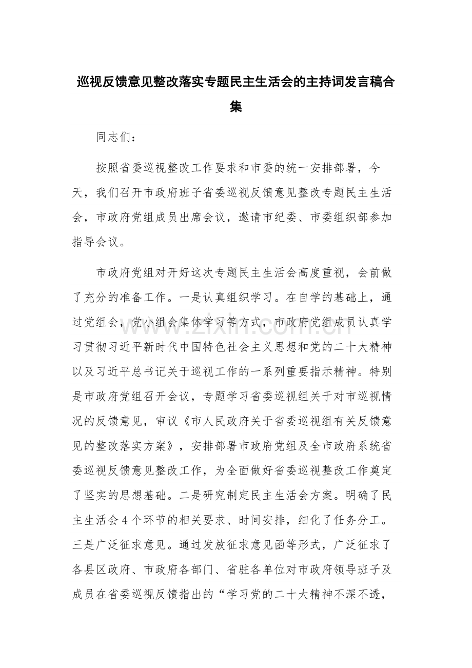 巡视反馈意见整改落实专题民主生活会的主持词发言稿合集.docx_第1页