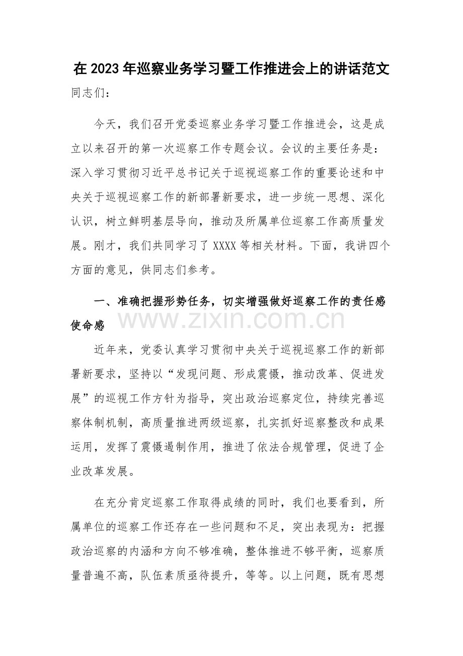 在2023年巡察业务学习暨工作推进会上的讲话范文.docx_第1页