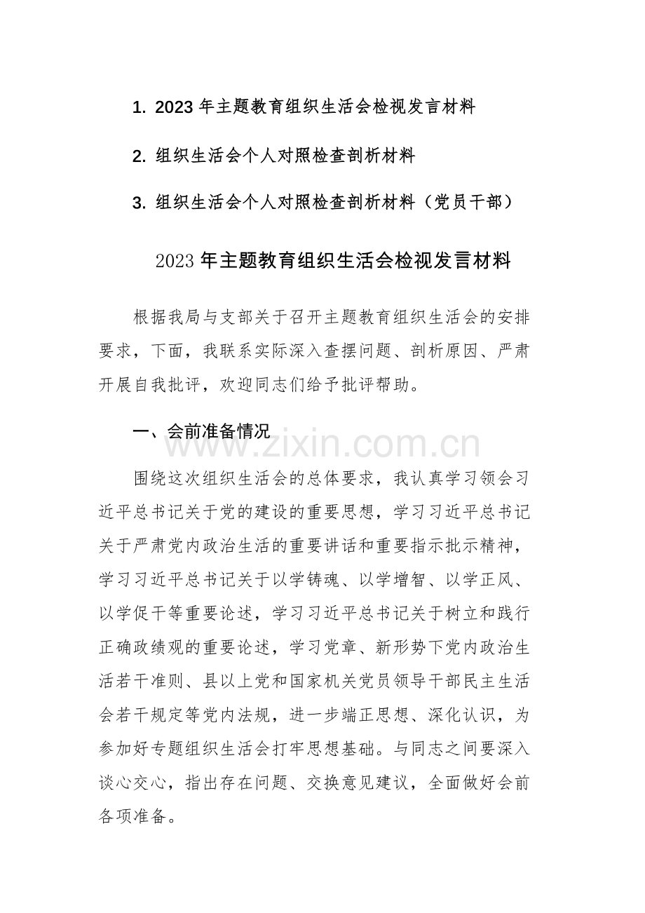 2023年主题教育组织生活会检视发言材料3篇.docx_第1页