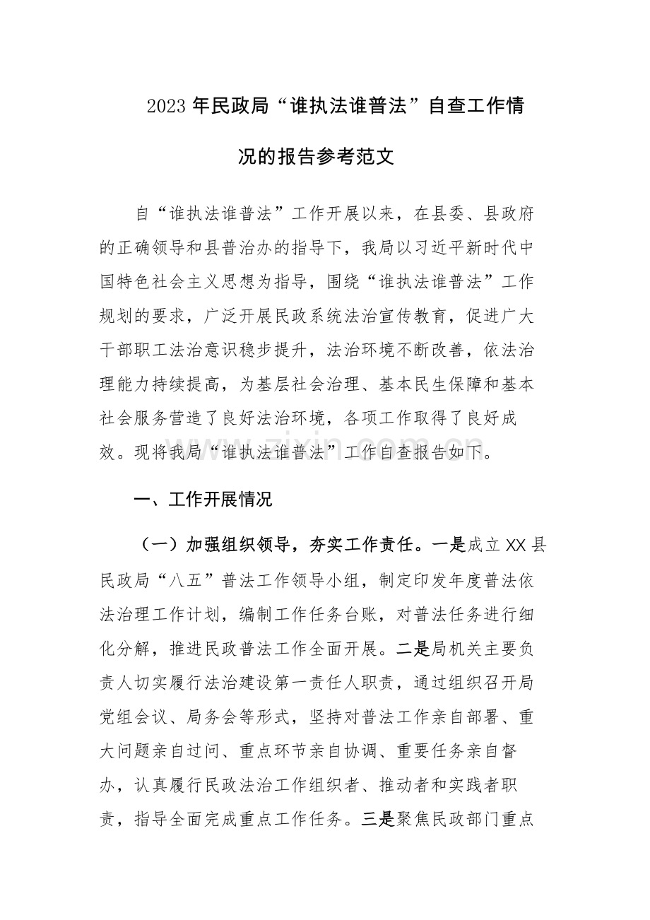 2023年民政局“谁执法谁普法”自查工作情况的报告参考范文.docx_第1页