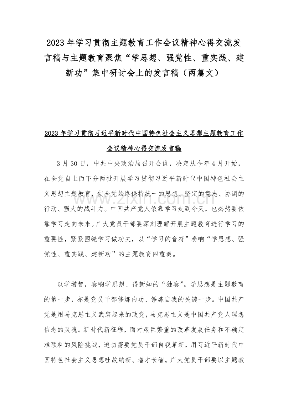 2023年学习贯彻主题教育工作会议精神心得交流发言稿与主题教育聚焦“学思想、强党性、重实践、建新功”集中研讨会上的发言稿（两篇文）.docx_第1页