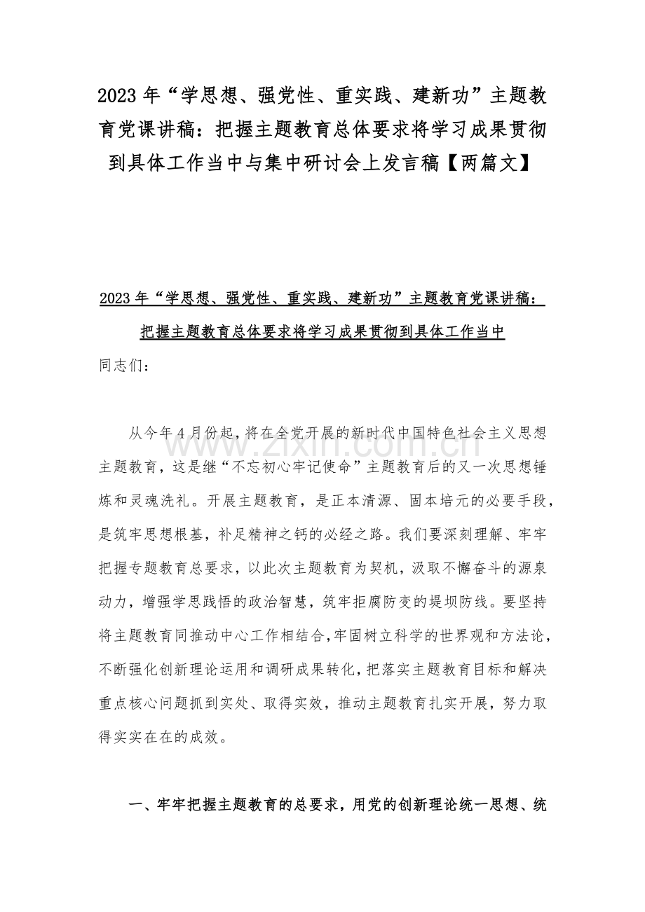 2023年“学思想、强党性、重实践、建新功”主题教育党课讲稿：把握主题教育总体要求将学习成果贯彻到具体工作当中与集中研讨会上发言稿【两篇文】.docx_第1页