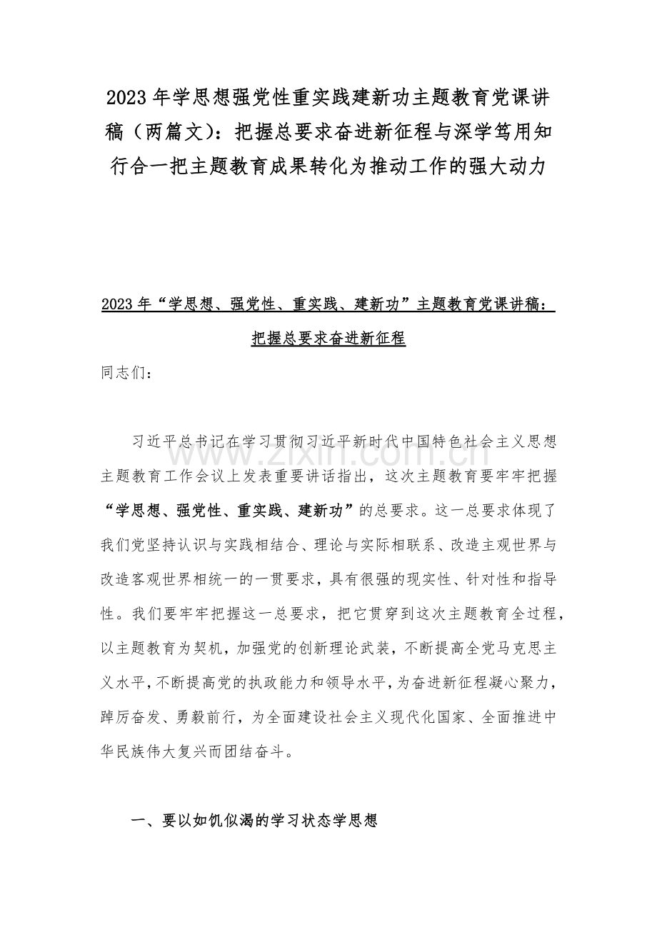 2023年学思想强党性重实践建新功主题教育党课讲稿（两篇文）：把握总要求奋进新征程与深学笃用知行合一把主题教育成果转化为推动工作的强大动力.docx_第1页