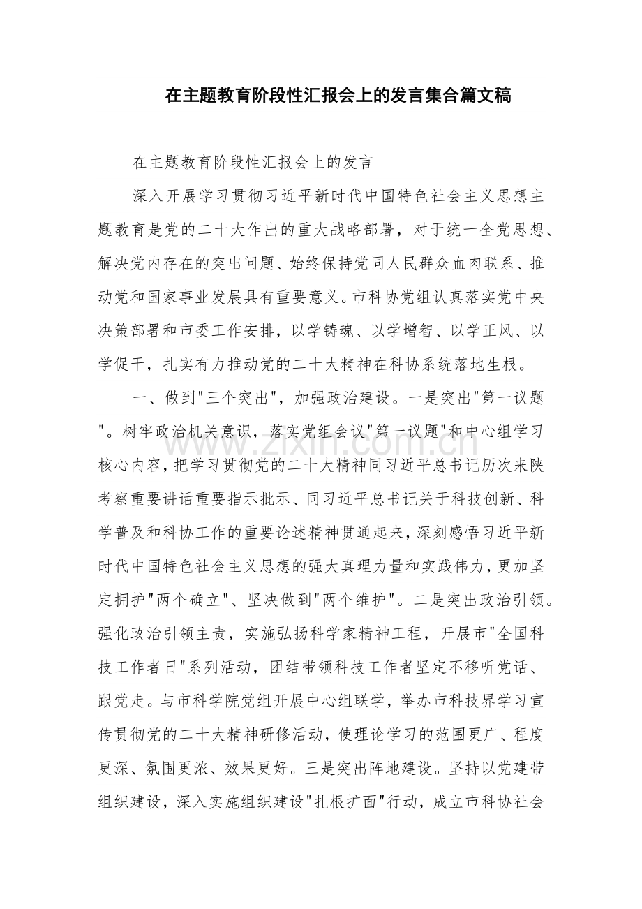 在主题教育阶段性汇报会上的发言集合篇文稿.docx_第1页