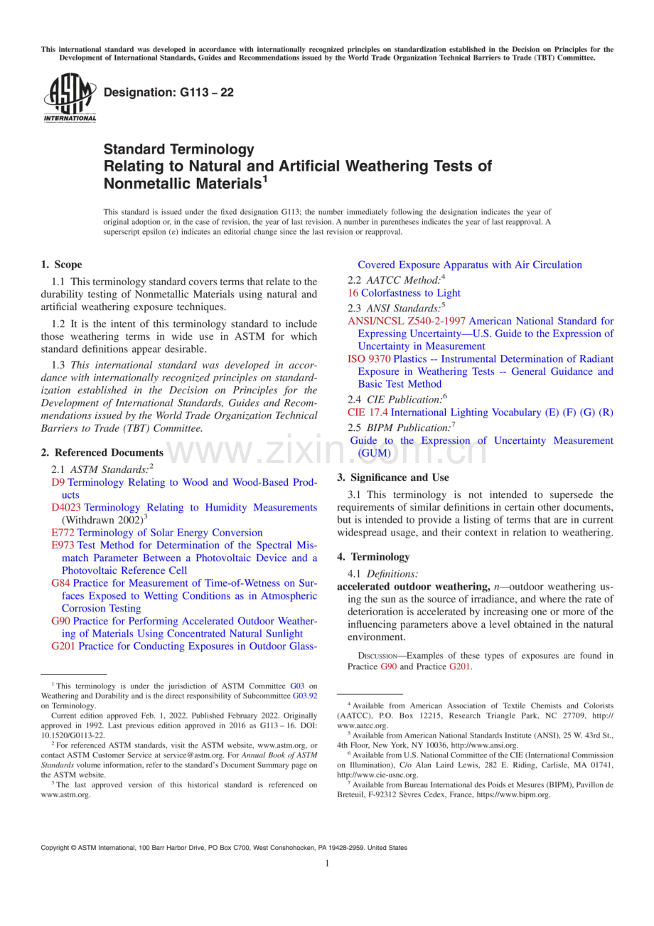 ASTM G113-22 非金属材料自然和人工风化试验的标准术语.pdf_第1页