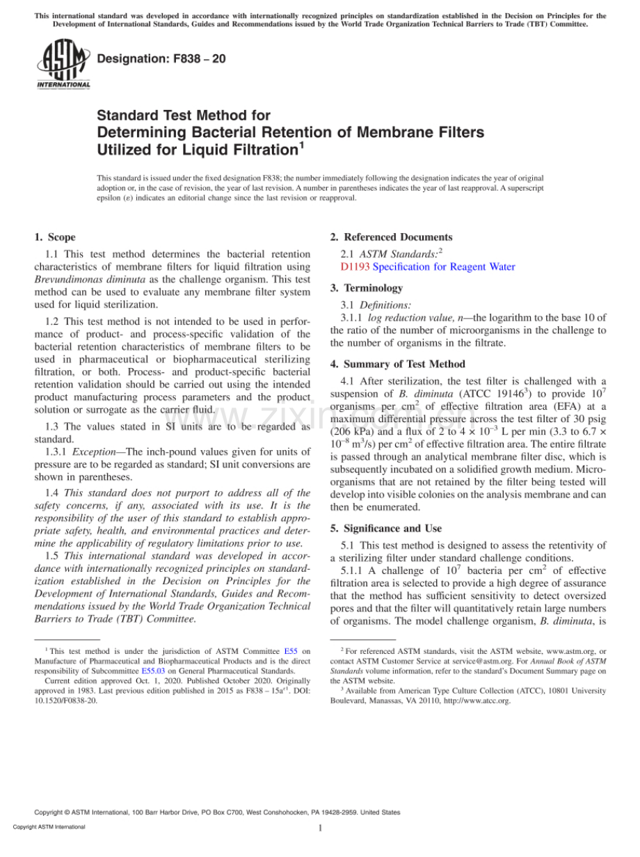 ASTM F838-20 测定液体过滤用膜过滤器的细菌保留率的标准试验方法 (1).pdf_第1页