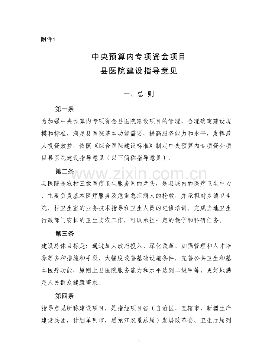 中央预算内专项资金项目县医院建设指导意见.docx_第1页