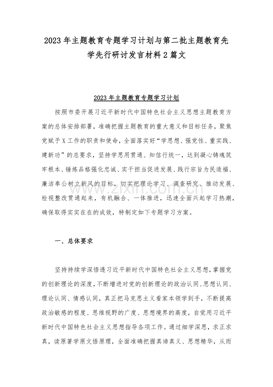 2023年主题教育专题学习计划与第二批主题教育先学先行研讨发言材料2篇文.docx_第1页