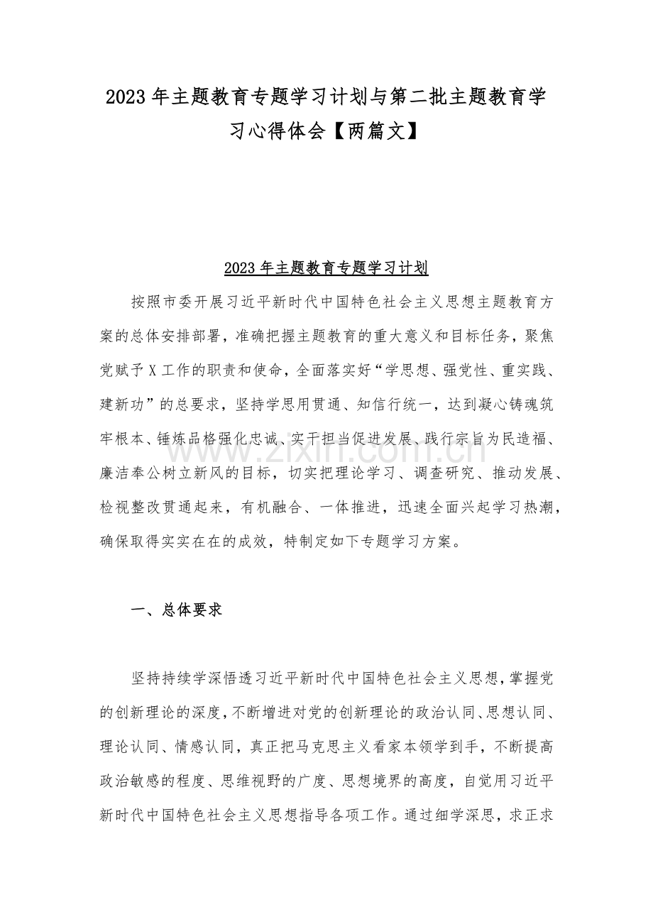 2023年主题教育专题学习计划与第二批主题教育学习心得体会【两篇文】.docx_第1页