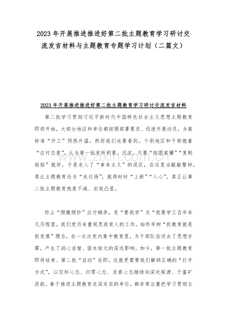 2023年开展推进推进好第二批主题教育学习研讨交流发言材料与主题教育专题学习计划（二篇文）.docx_第1页