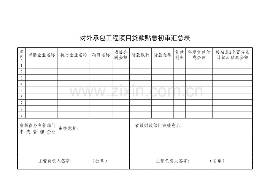 对外承包工程项目贷款贴息初审汇总表模板.xls_第1页