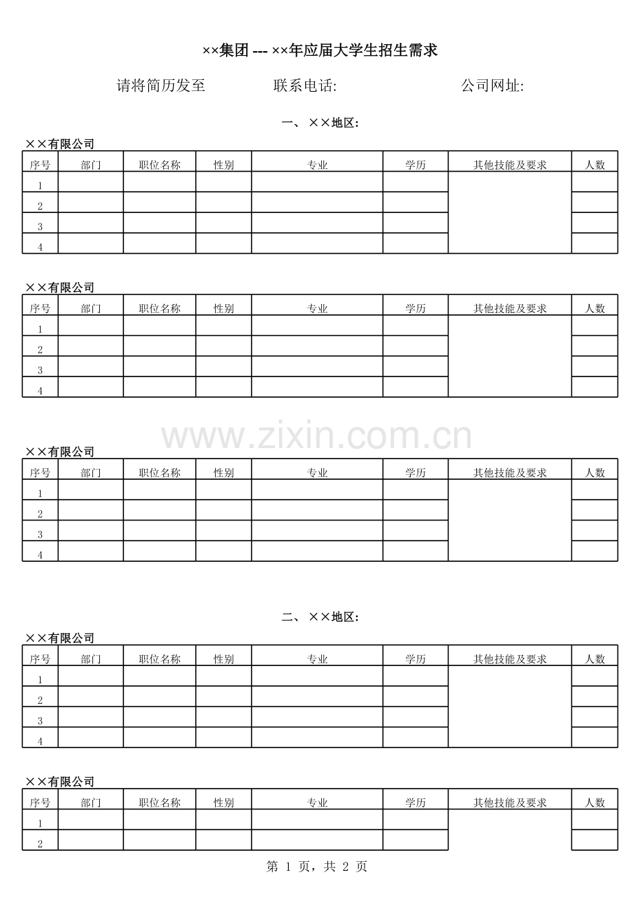 集团应届大学生招生需求总汇表模板.xls_第1页