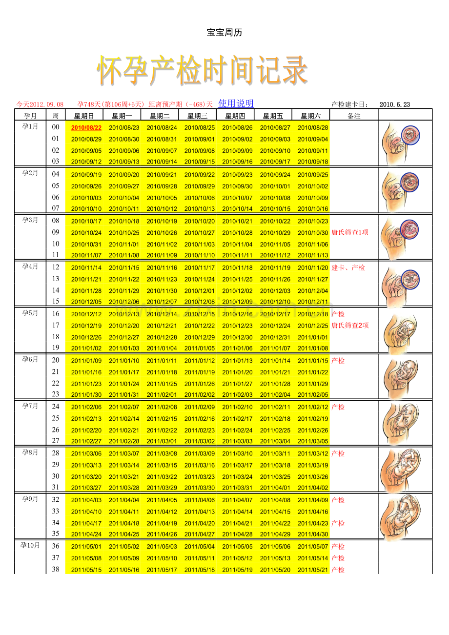 怀孕产检时间记录表模板.xls_第1页