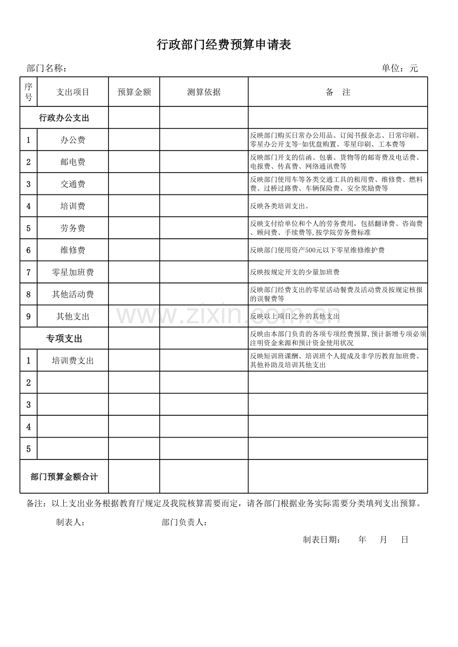 教学单位经费预算申请表模板.xls_第1页