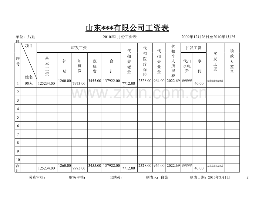 工资表模版（个税自动计算A4打印）模板.xls_第2页