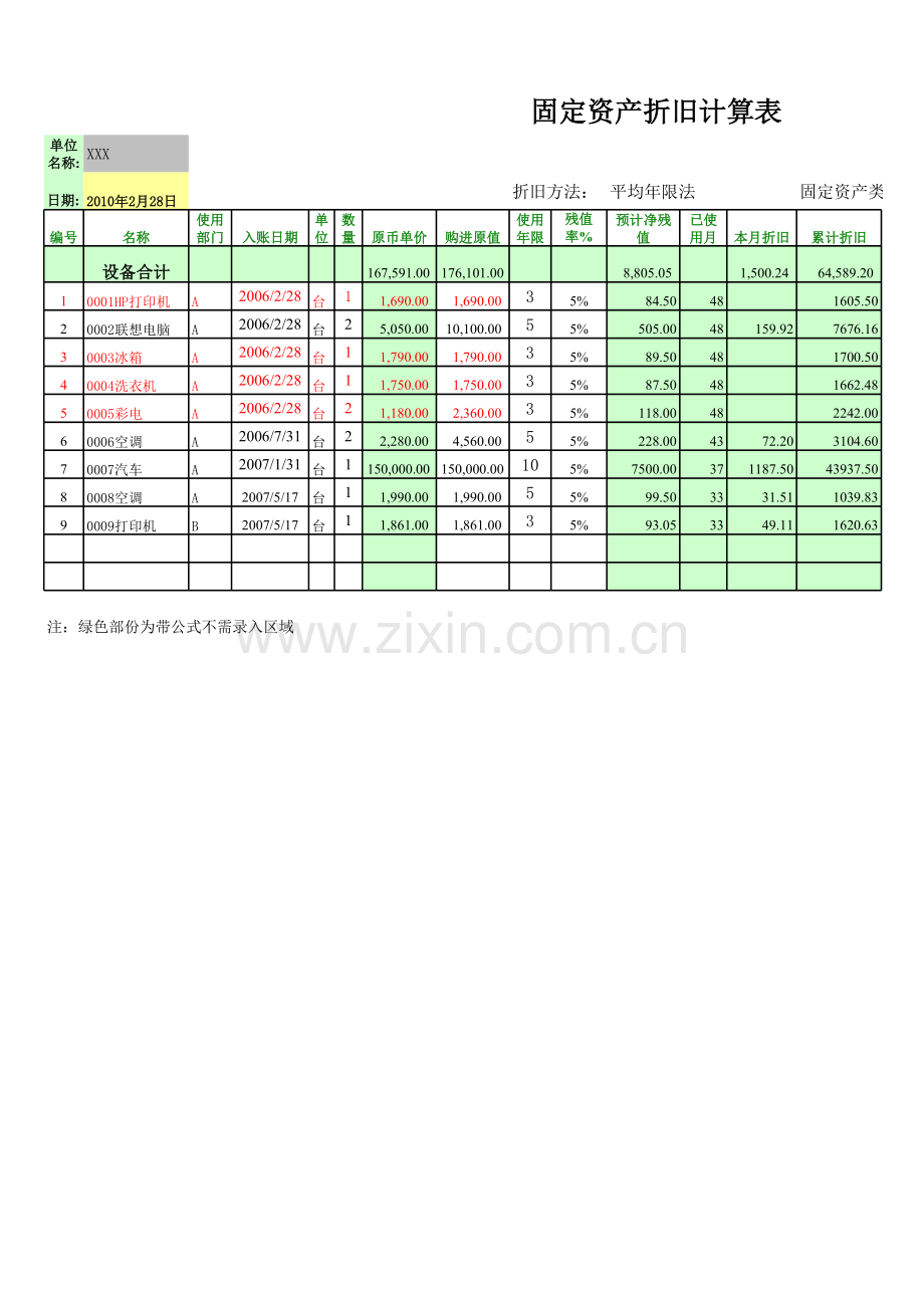 固定资产折旧计算表模板.xls_第1页