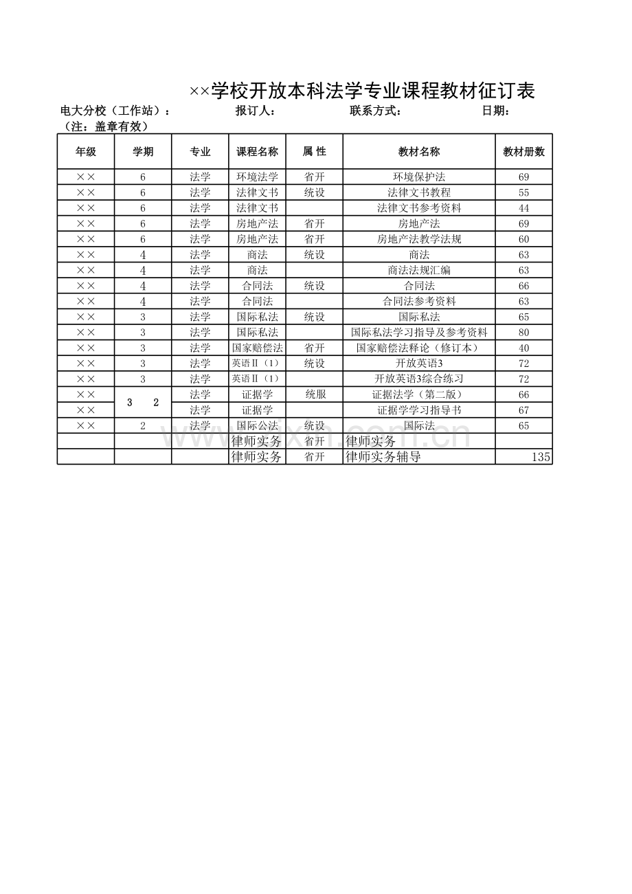 学校开放本科法学专业课程教材征订表模板.xls_第1页