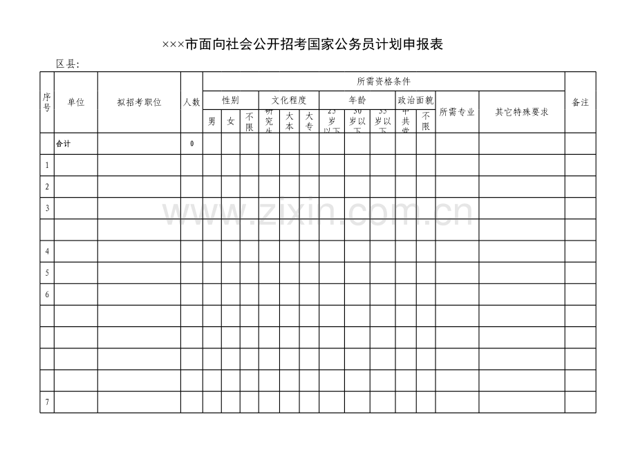 面向社会公开招考国家公务员计划申报表模板.xls_第1页