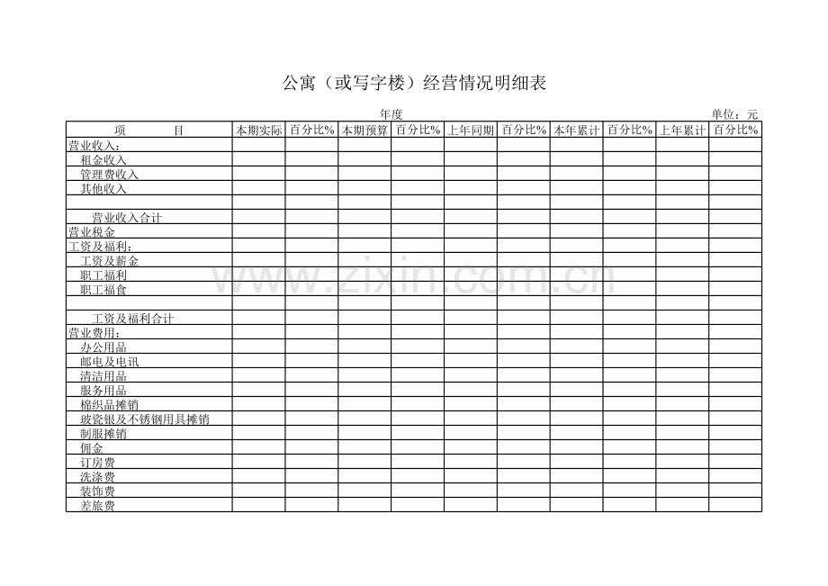 公寓（或写字楼）经营情况明细表模板.xls_第1页