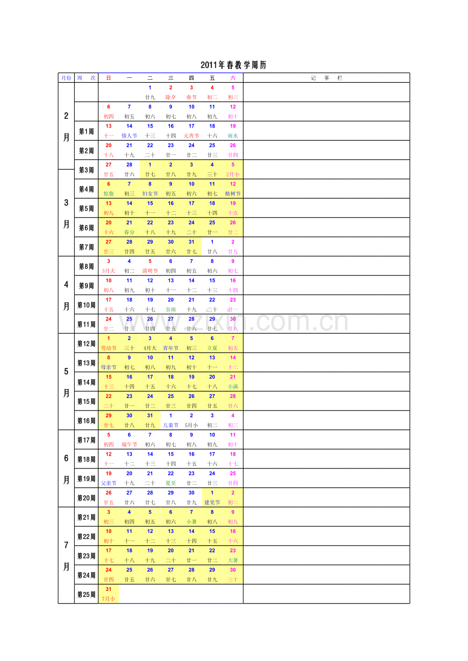 2011年春教学周历模板.xls_第1页