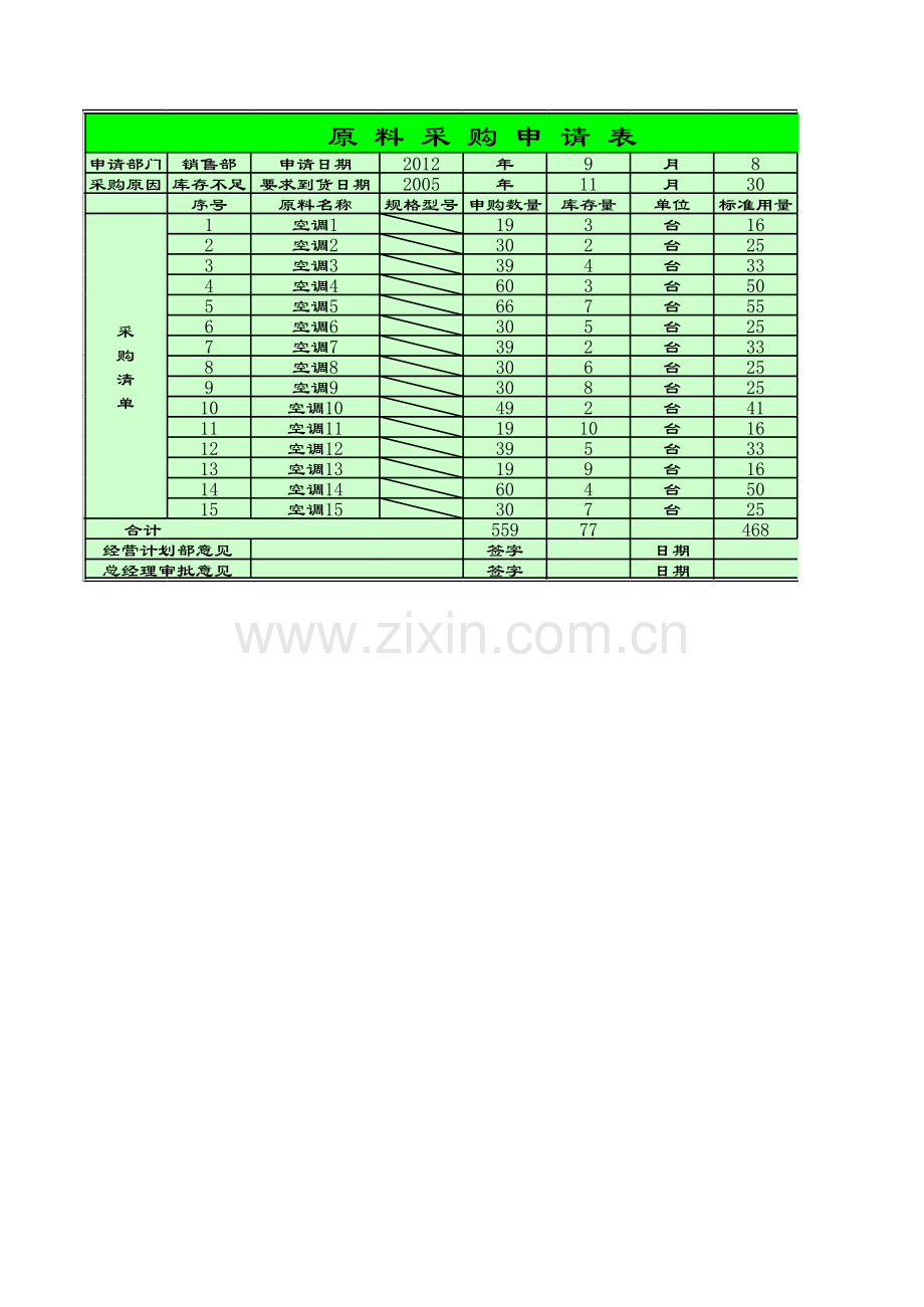 企业原料采购申请表模板.xls_第1页