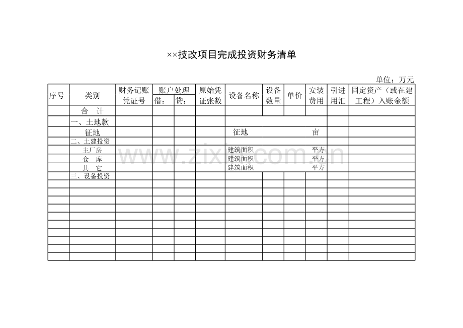 技改项目完成投资财务清单模板.xls_第1页