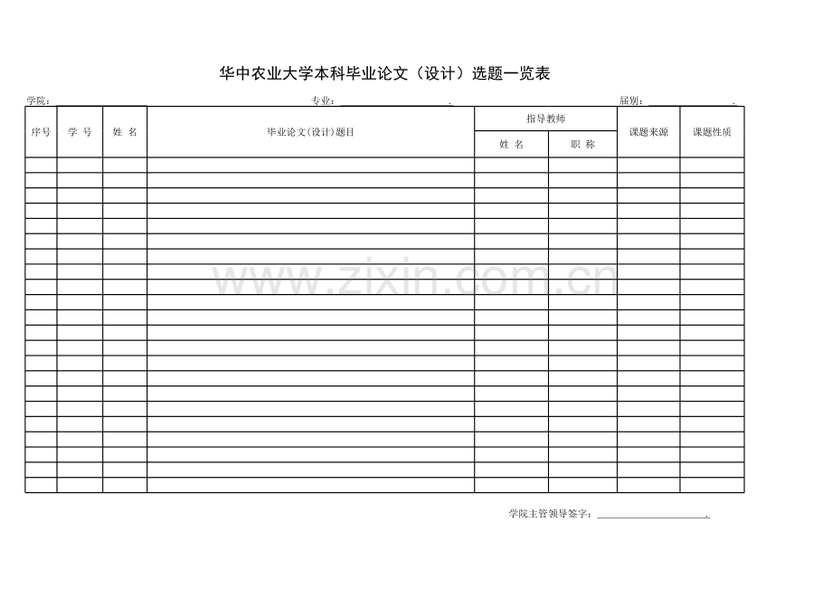 华中农业大学本科毕业论文（设计）选题一览表模板.xls_第1页