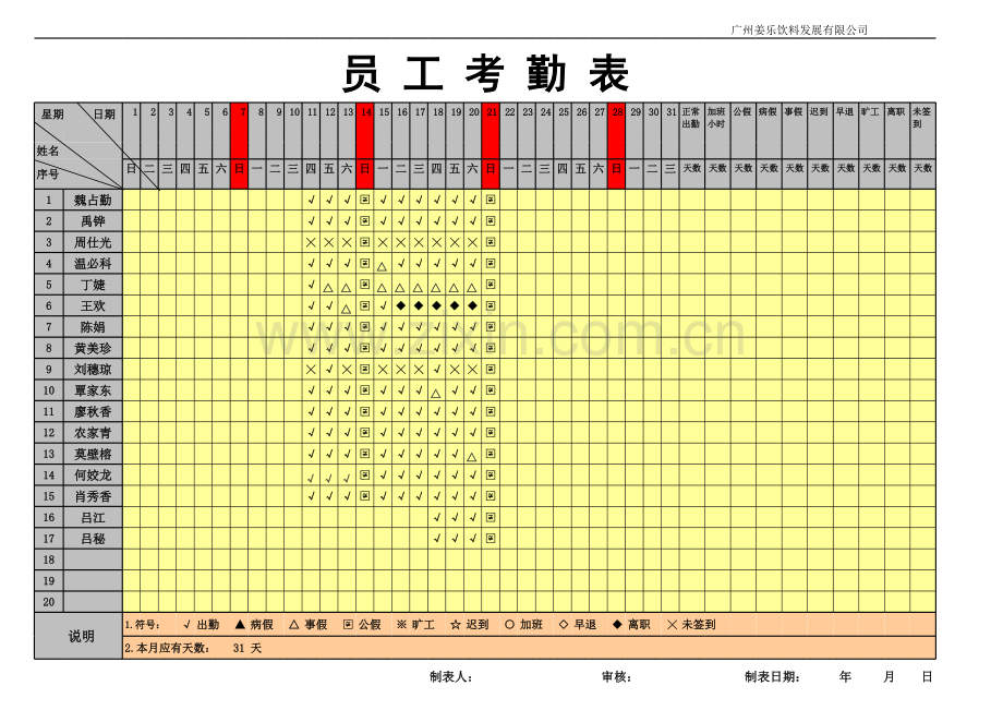 员工考勤表模板.xls_第1页