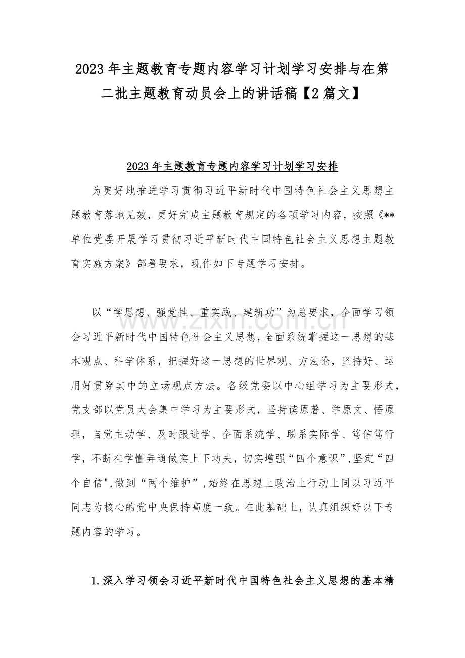 2023年主题教育专题内容学习计划学习安排与在第二批主题教育动员会上的讲话稿【2篇文】.docx_第1页