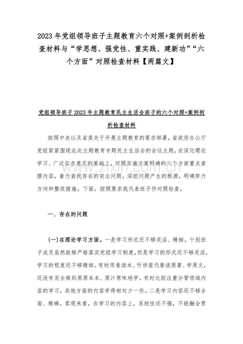 2023年党组领导班子主题教育六个对照+案例剖析检查材料与“学思想、强党性、重实践、建新功”“六个方面”对照检查材料【两篇文】.docx_第1页